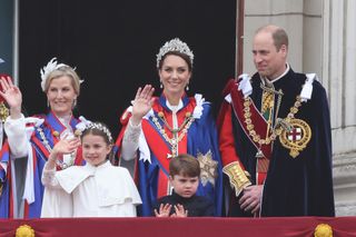 Sophie, Duchess of Edinburgh, Princess Charlotte of Wales, Anne, Princess Royal, Catherine, Princess of Wales, Prince Louis of Wales, Prince William, Prince of Wales during the Coronation of King Charles III and Queen Camilla on May 06, 2023 in London, England