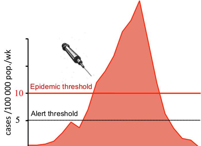 In places where reactive immunization is used, a vaccination campaign begins when the number of cases in a region reaches the alert threshold, defined here as 5 cases per week per 100,000 inhabitants. This strategy depends on timely surveillance, and rapid response, which are difficult to achieve in less-developed countries.