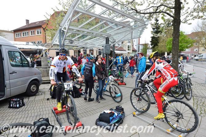 Riders warm up for their heats