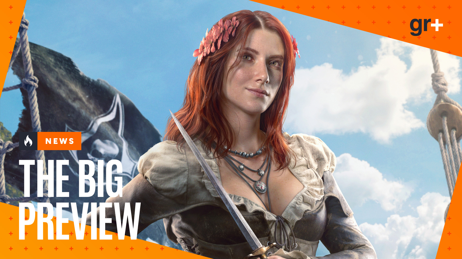 A cropped closeup of Anne Bonny in Assassin's Creed Black Flag Resynced, with the GamesRadar+ orange Big Preview frame