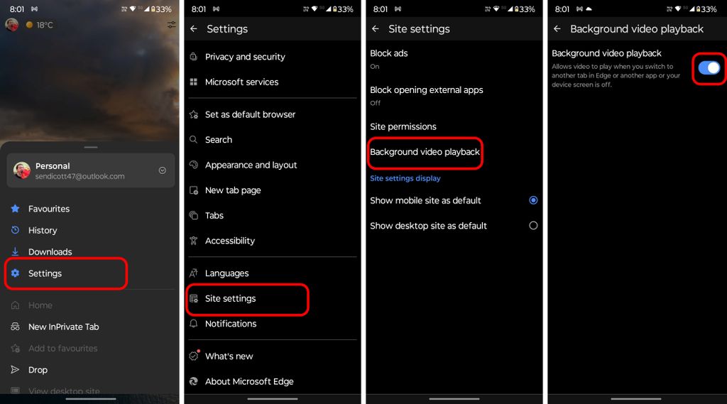 Background playback setting in Microsoft Edge
