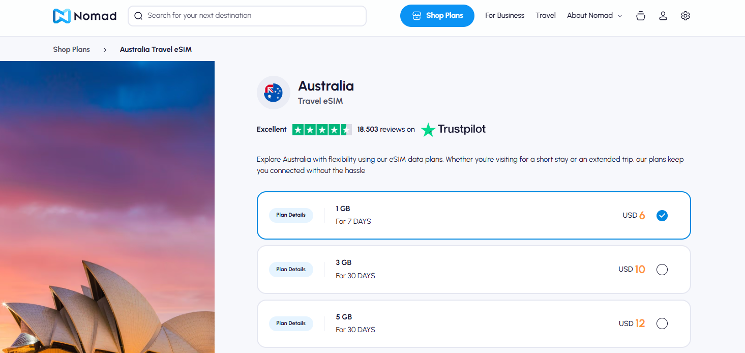 Screen grab of Nomad eSIM for Australia