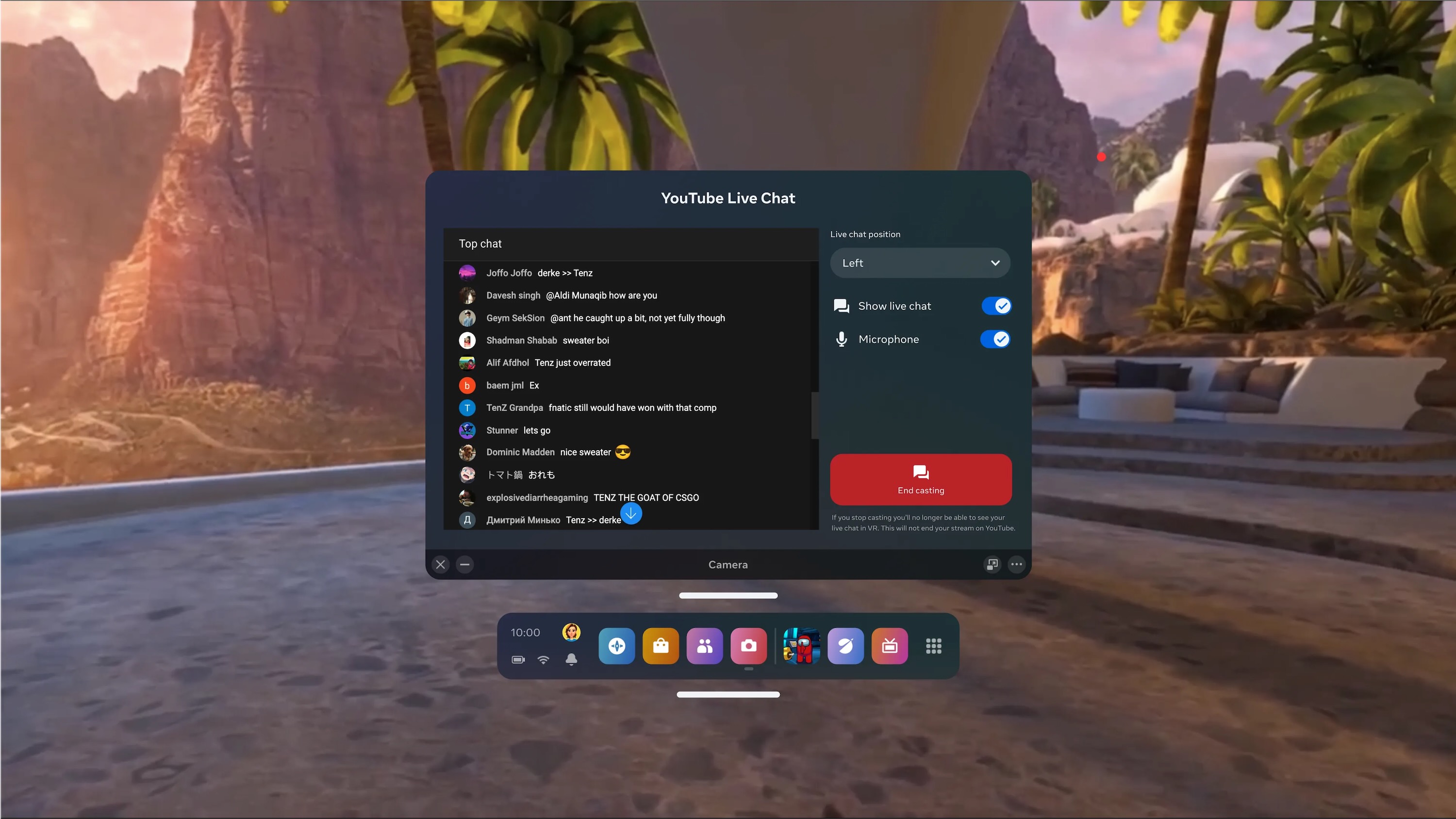 A screenshot showing YouTube Live Chat early access on the Meta Quest v59 update.