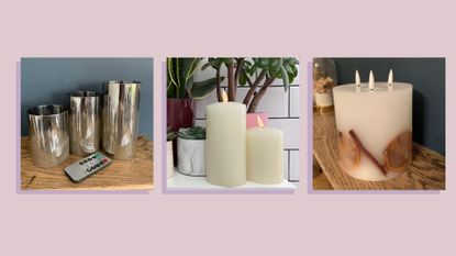 Three of the best flameless candles pictured against a pale lilac background