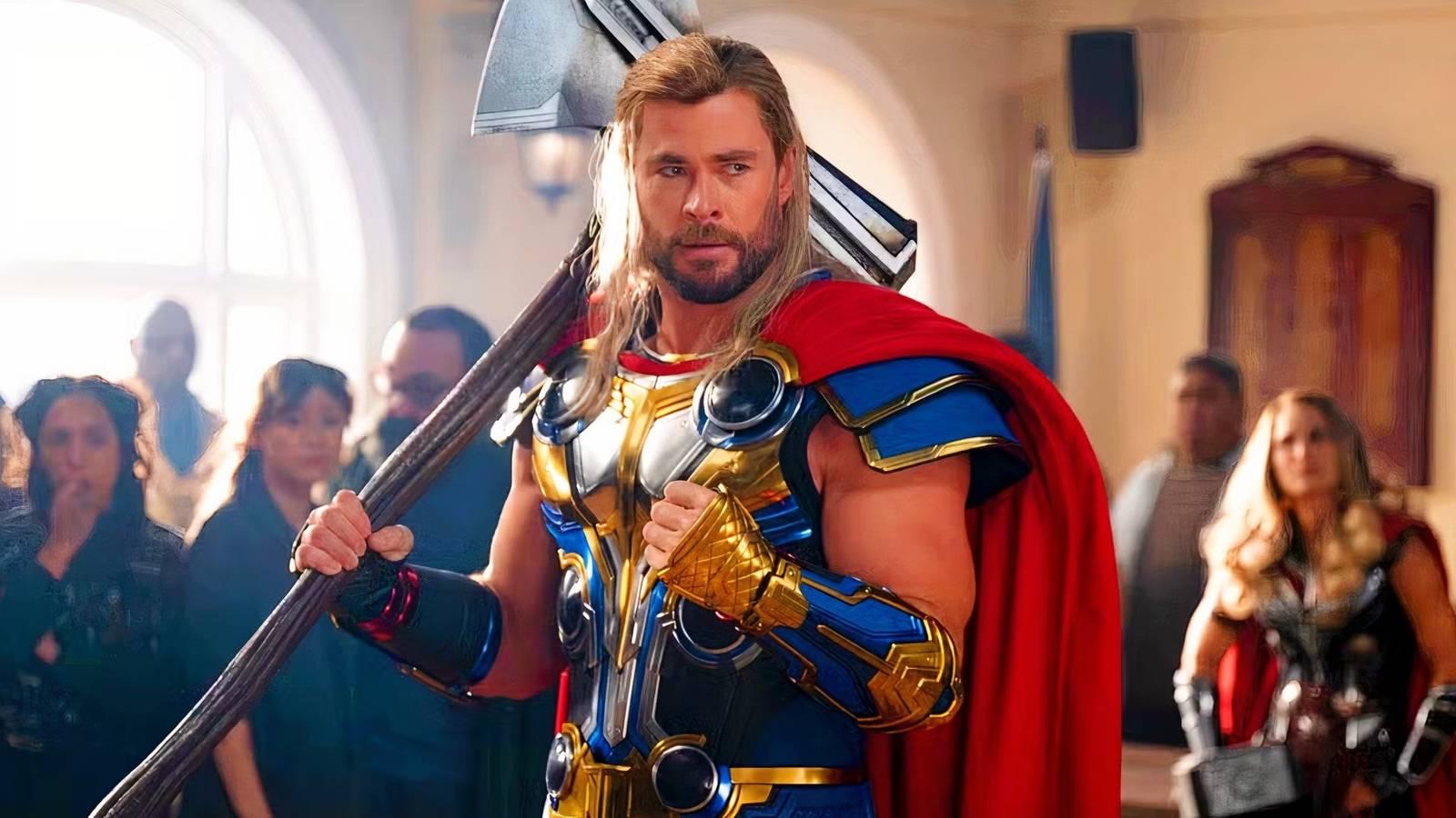 Screenshot from the sci-fi superhero movie "Thor: Love &amp;amp; Thunder" showing Chris Hemsworth as Thor.