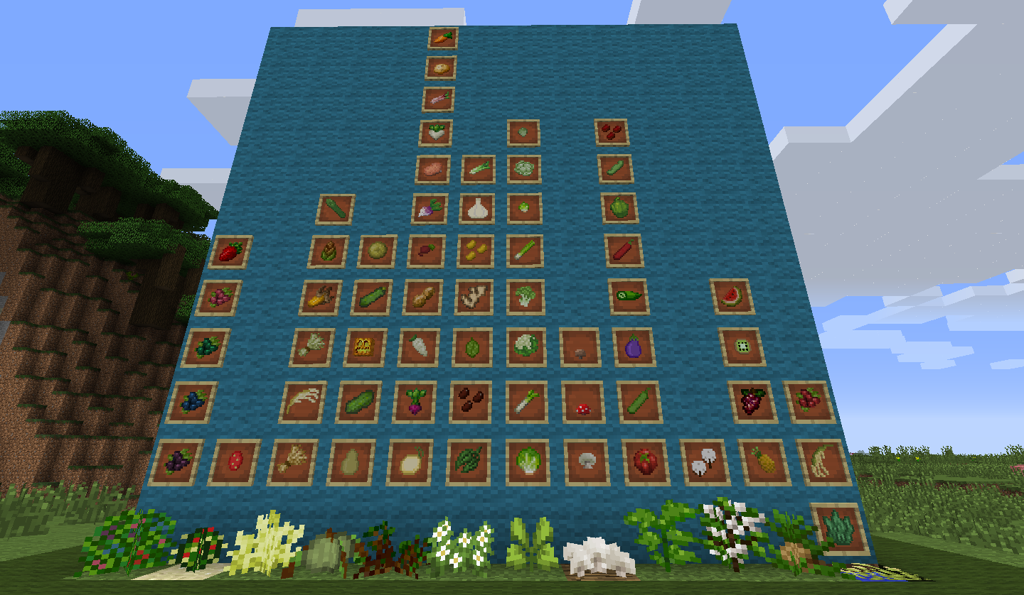 Minecraft mods - Pam's harvestcraft - A large wall of item frames displaying different food items