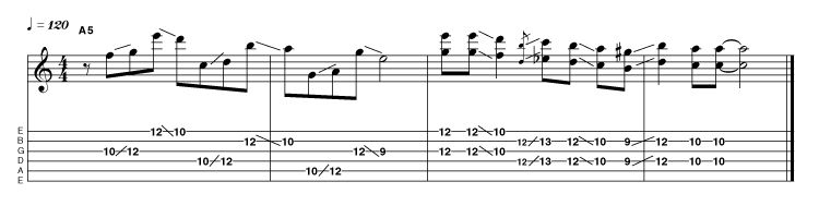 The interval of a 6th is effective within all styles of music, implying a great sense of sophistication, and rock is no exception. This idea switches between articulate intervallic skipped single-notes and harmonically dense double-stops.