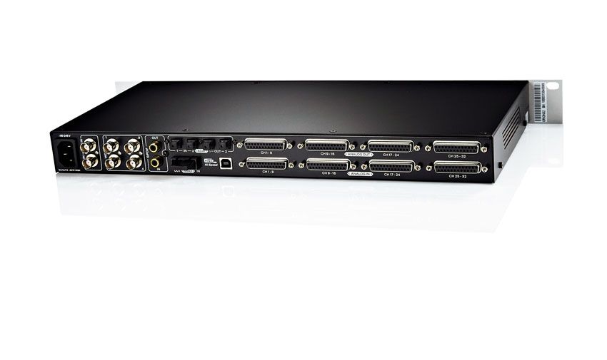 There are 32 channels of ADC/DAC over D-Subs, two sets of optical ADAT I/O, an optical MADI socket, S/PDIF RCA sockets, USB, four Wordclock outputs, one Wordclock input and a 10MHz atomic clock input