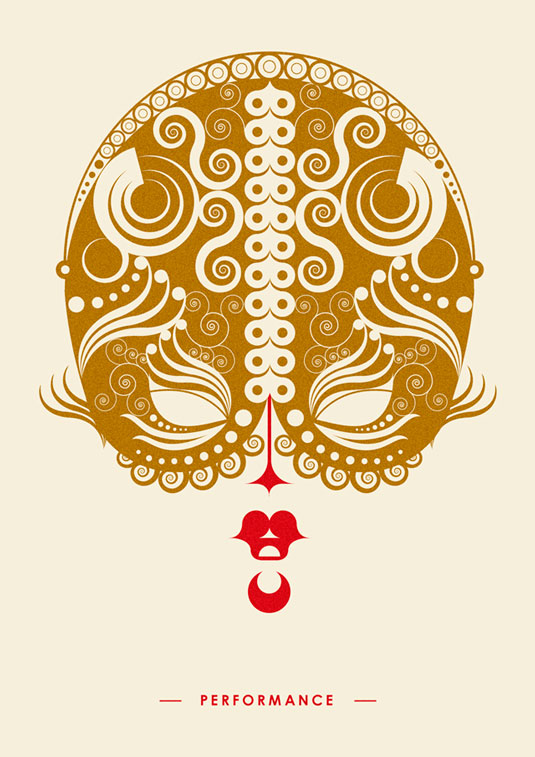 The 'performance' print is gold and red letterpressed on China White Colorplan (540gsm)