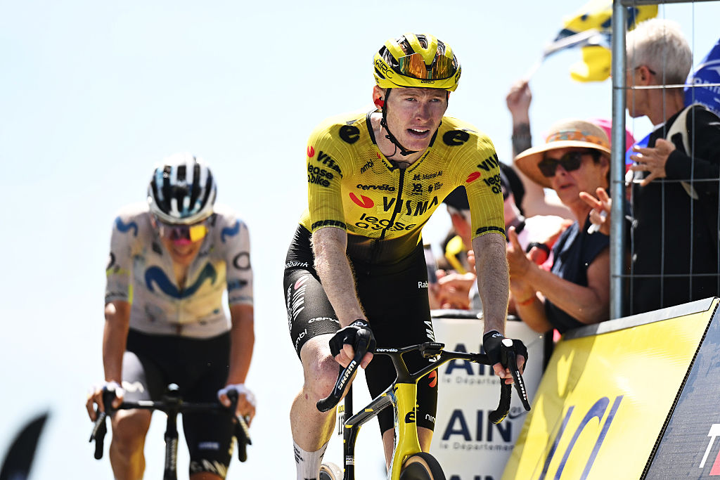 GRAND COLOMBIER, FRANCE - JUNE 13: Matteo Jorgenson of United States and Team Visma | Lease a Bike crosses the finish line during the 78th Tour Auvergne-Rhone-Alpes 2026, Stage 7 a 133.6km stage from La Bridoire to Grand Colombier 1496m / #UCIWT / on June 13, 2026 in Grand Colombier, France. (Photo by Dario Belingheri/Getty Images)