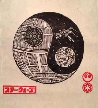The Death Star, traditional style, as a 18x24in two color woodcut on rice paper
