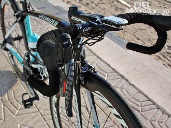 Mark Cavendish (Omega Pharma-QuickStep) gets a firm grip on a pair of SRAM Red 22 levers