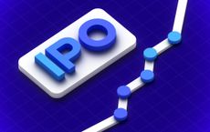 3D rendering of "IPO" written in blue with a white square around it and a white moving average with blue circles underneath it