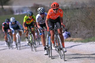 SIENA ITALY MARCH 09 Marianne Vos of The Netherlands and Team CCCLiv Marta Bastianelli of Italy and Team Virtu Cycling during the 5th Strade Bianche 2019 Women a 136km race from Siena to Siena Piazza del Campo StradeBianche Eroica on March 09 2019 in Siena Italy Photo by Luc ClaessenGetty Images