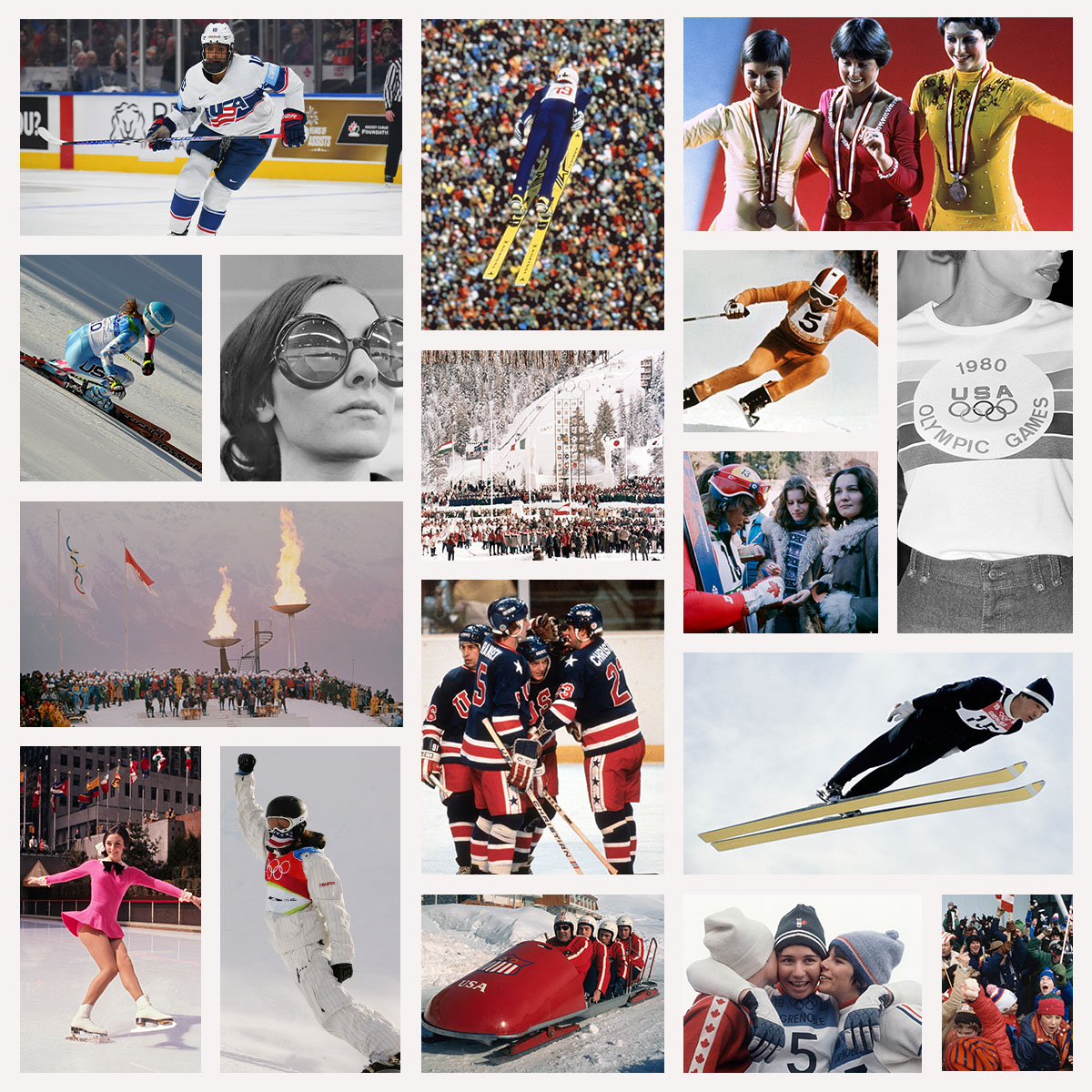 A collage of new and old photos from the 2026 Winter Olympics.