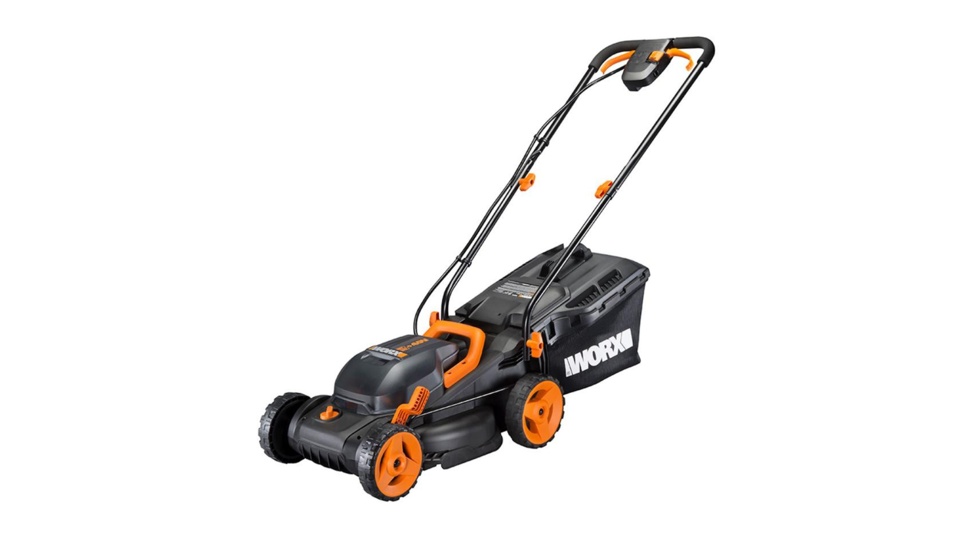 Orange and black Worx lawn mower with mulcher on white background