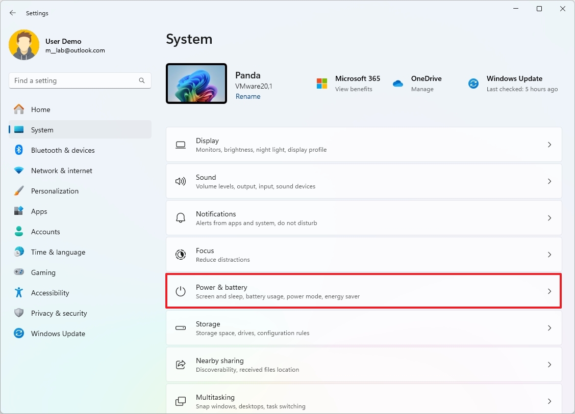 Power and battery settings