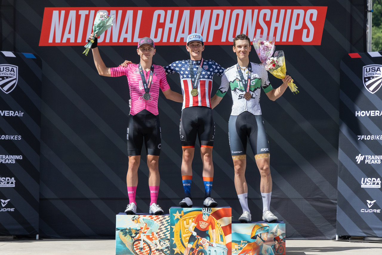 Kash Adamski wins the junior road race title at the 2025 USA Pro Road Championships