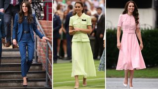 Composite of a picture of Kate wearing a full blue outfit in December 2023, a full lime green outfit in July 2023 and a full pink outfit in June 2023