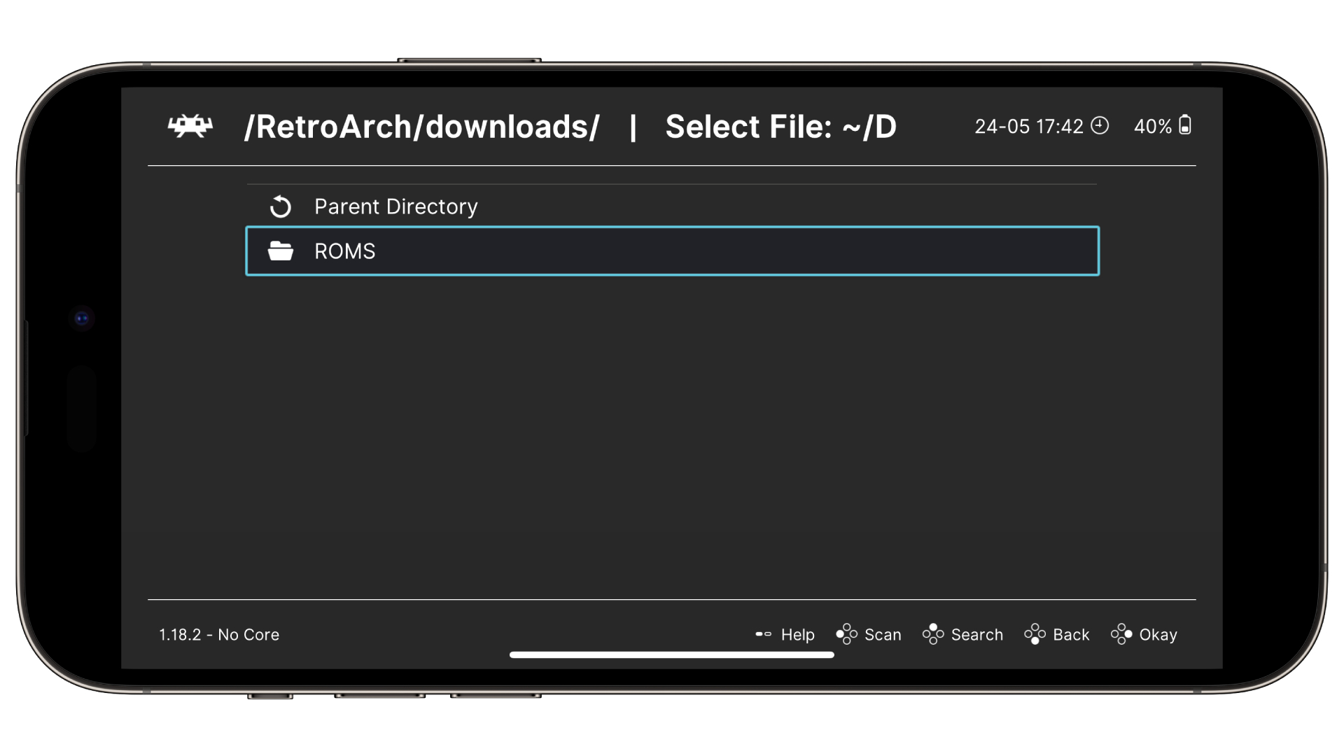RetroArch sur iPhone affichant le répertoire ROMS