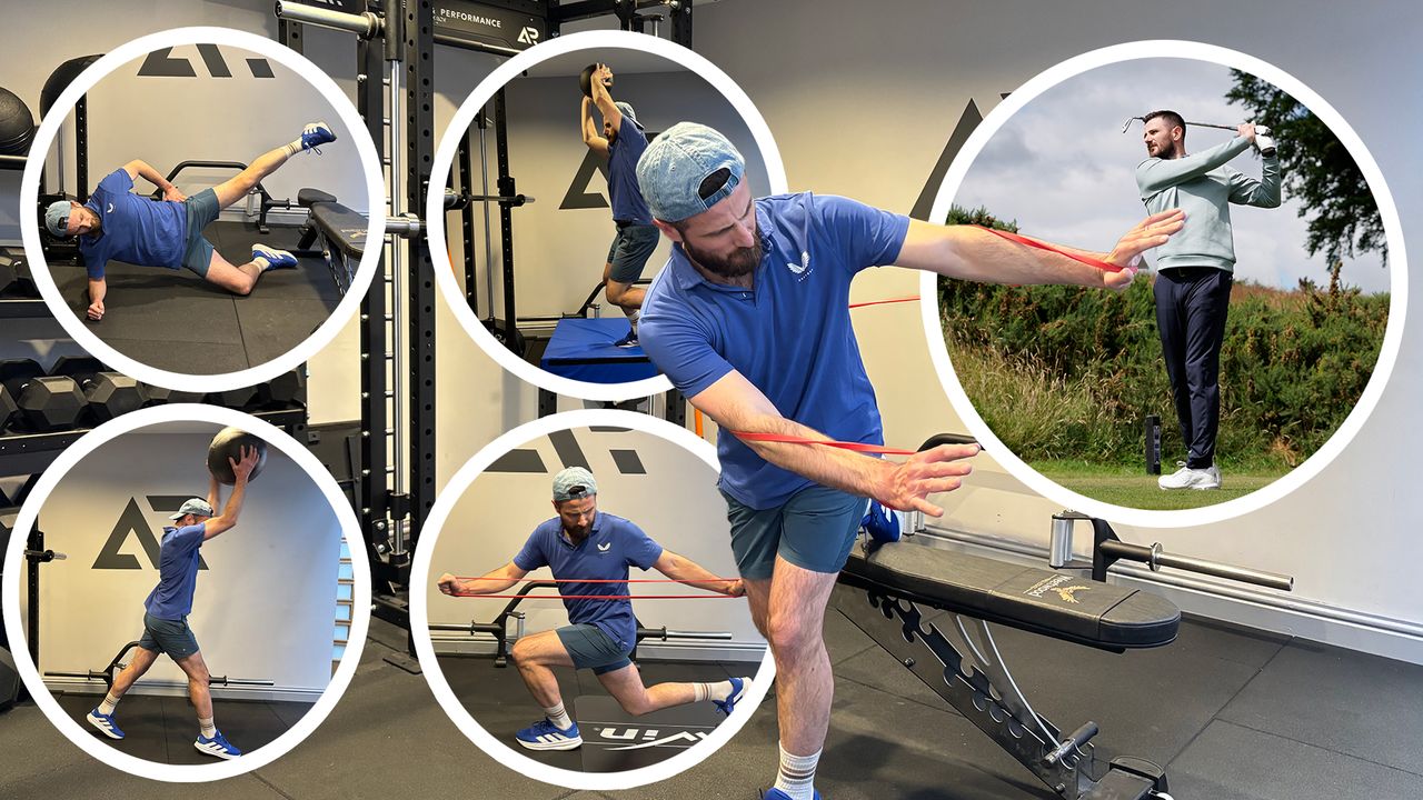 Baz Plummer demonstrating five fitness exercises that have made him a better golfer in just 30 days, with an inset image of Baz in the finish position after hitting an iron shot off the tee on the golf course