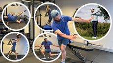 Baz Plummer demonstrating five fitness exercises that have made him a better golfer in just 30 days, with an inset image of Baz in the finish position after hitting an iron shot off the tee on the golf course