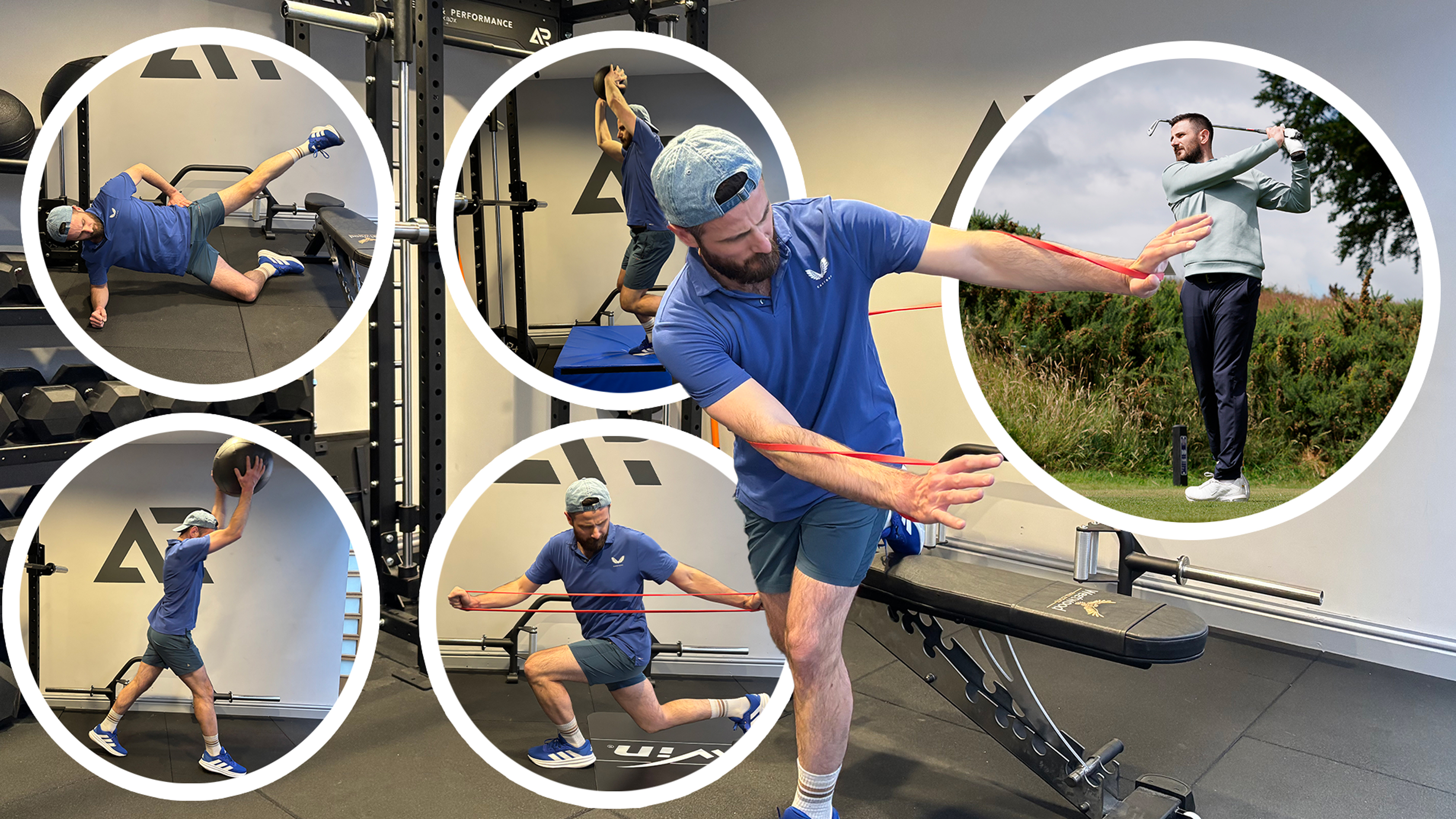 Baz Plummer demonstrating five fitness exercises that have made him a better golfer in just 30 days, with an inset image of Baz in the finish position after hitting an iron shot off the tee on the golf course