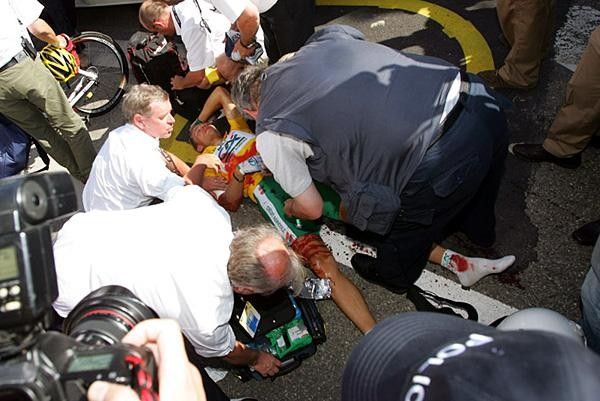 Thor Hushovd (Credit Agricole) went to the ground just past the finish.