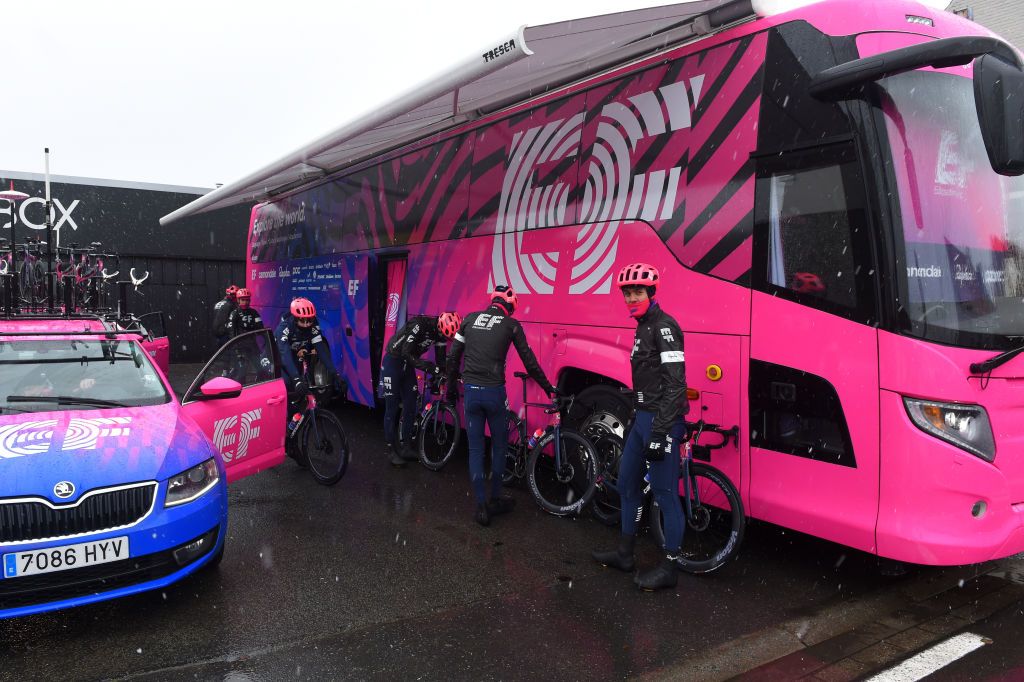 OUDENAARDE BELGIUM FEBRUARY 27 Thomas Scully of The New Zealand and Team EF Education First Team EF Education First Bus Detail view Snow during the 75th Omloop Het Nieuwsblad 2020 Team EF Pro Cycling recon route OHN2020 OHN20 efprocycling on February 27 2020 in Oudenaarde Belgium Photo by Luc ClaessenGetty Images
