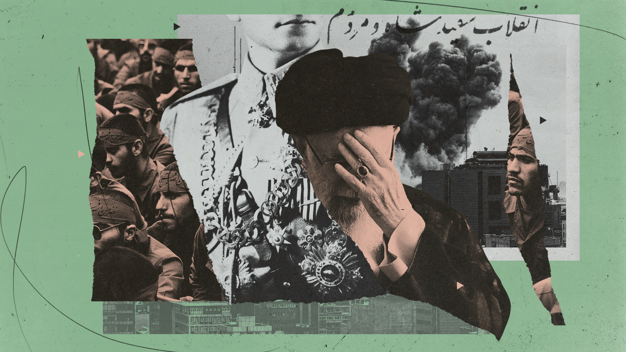 Photo composite illustration of Shah Pahlavi, Ali Khamenei, Iranian Revolutionary Guard and scenes of explosions in Tehran