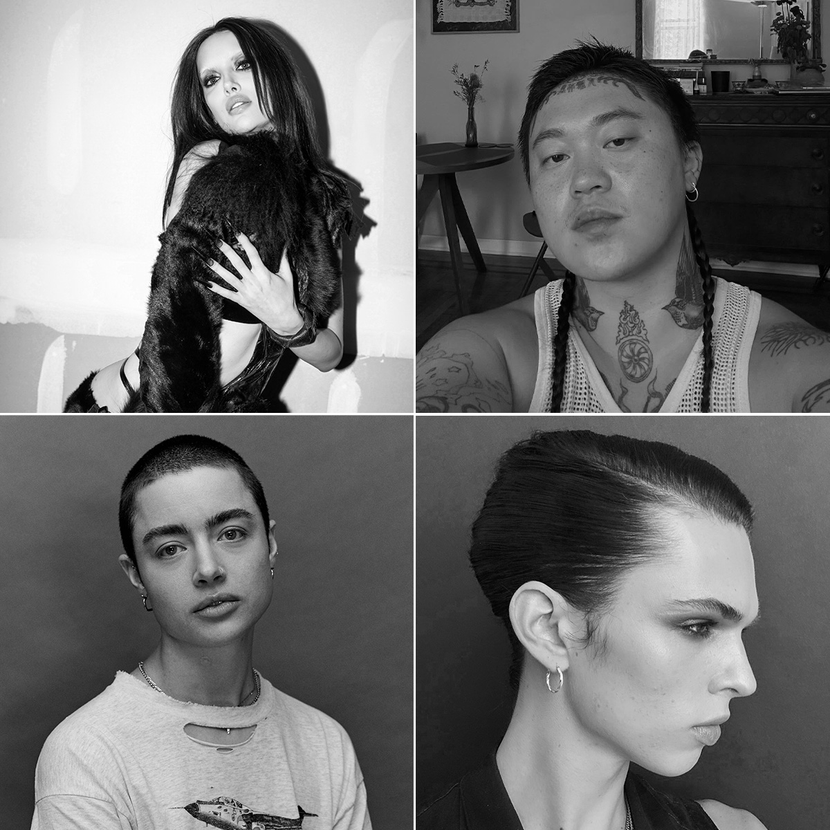 A collage of creatives Mical Klip, Quinn Tommy Herbert, Nykita Joy, and Zhi Lu in a black and white filter.