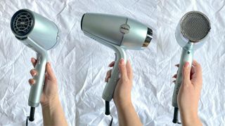 Trio of images showing the BaByliss Hydro Fusion Hair Dryer from different angles