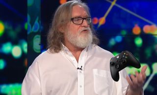 Gabe Newell levitating an Xbox controller with his mind