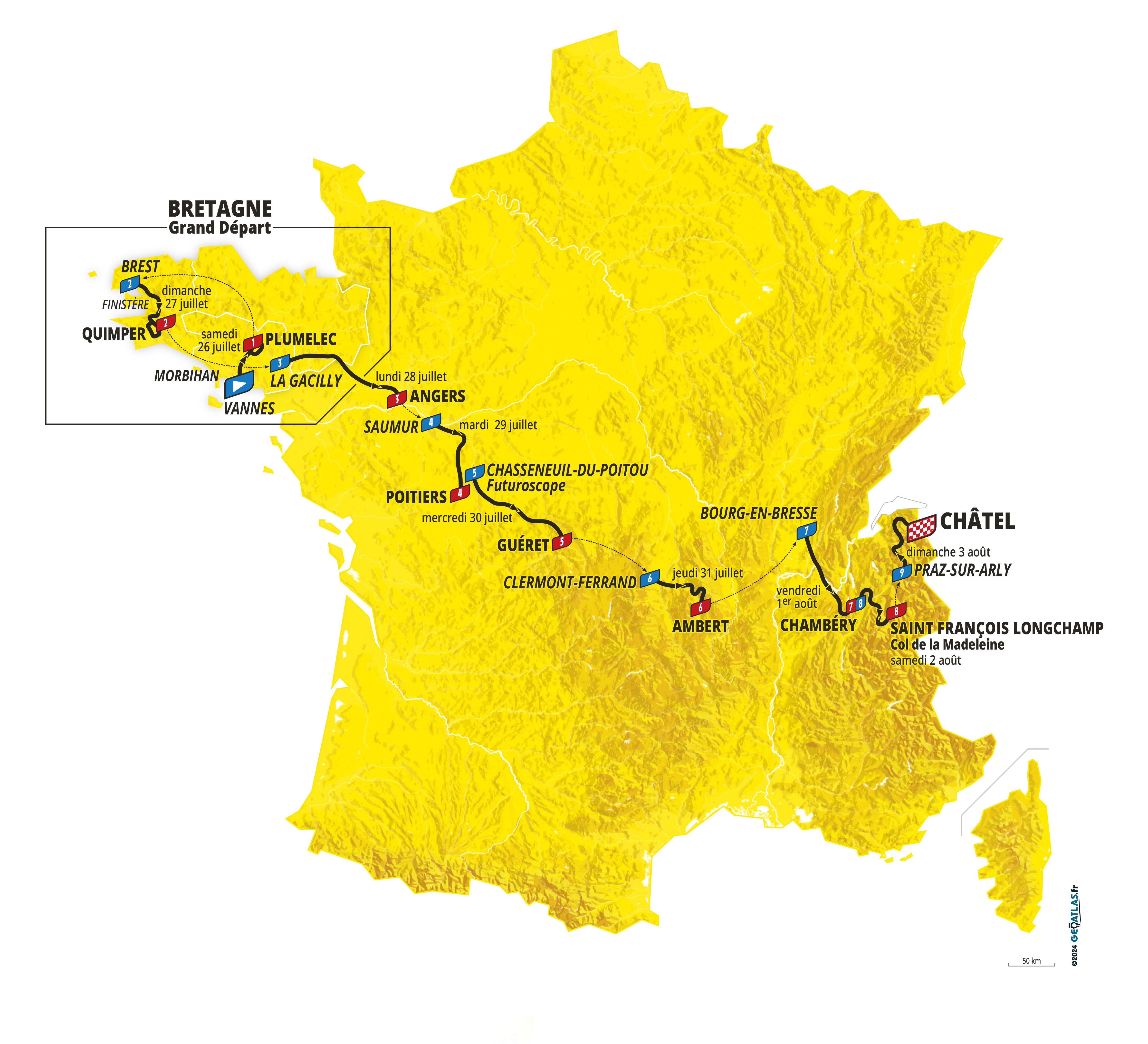 Route map of the 2025 Tour de France Femmes