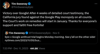 Victory over Google! After 4 weeks of detailed court testimony, the California jury found against the Google Play monopoly on all counts. The Court’s work on remedies will start in January. Thanks for everyone’s support and faith! Free Fortnite!