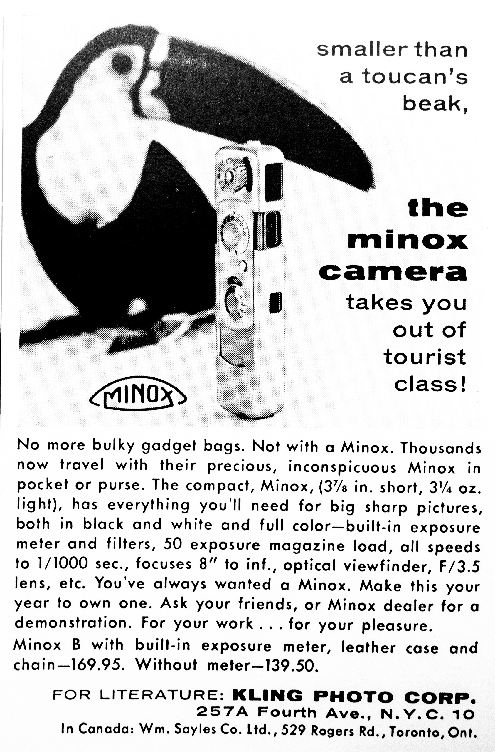 Magazine advert for Minox B spy camera, 1959
