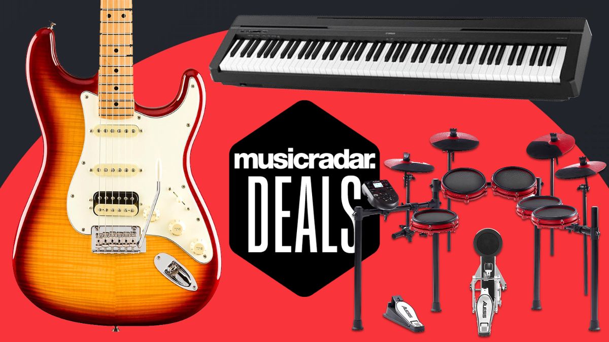 Fender Strat, Yamaha P45 digital piano and Alesis Nitro Mesh electronic drum set on a red and black background