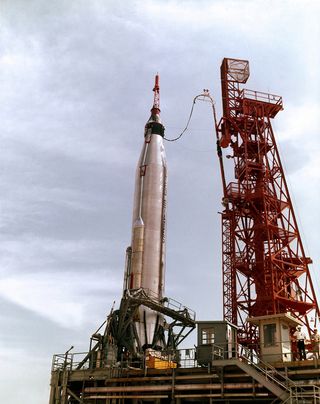 NASA astronaut Walter "Wally" Schirra launched aboard the "Sigma 7" Mercury spacecraft atop an Atlas rocket at 7:15:11 a.m. EST on Oct. 3, 1962 from Complex 14 at Cape Canaveral, Fla.