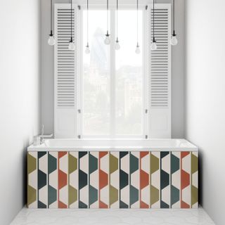 colourful geometric panelling in a white bathroom