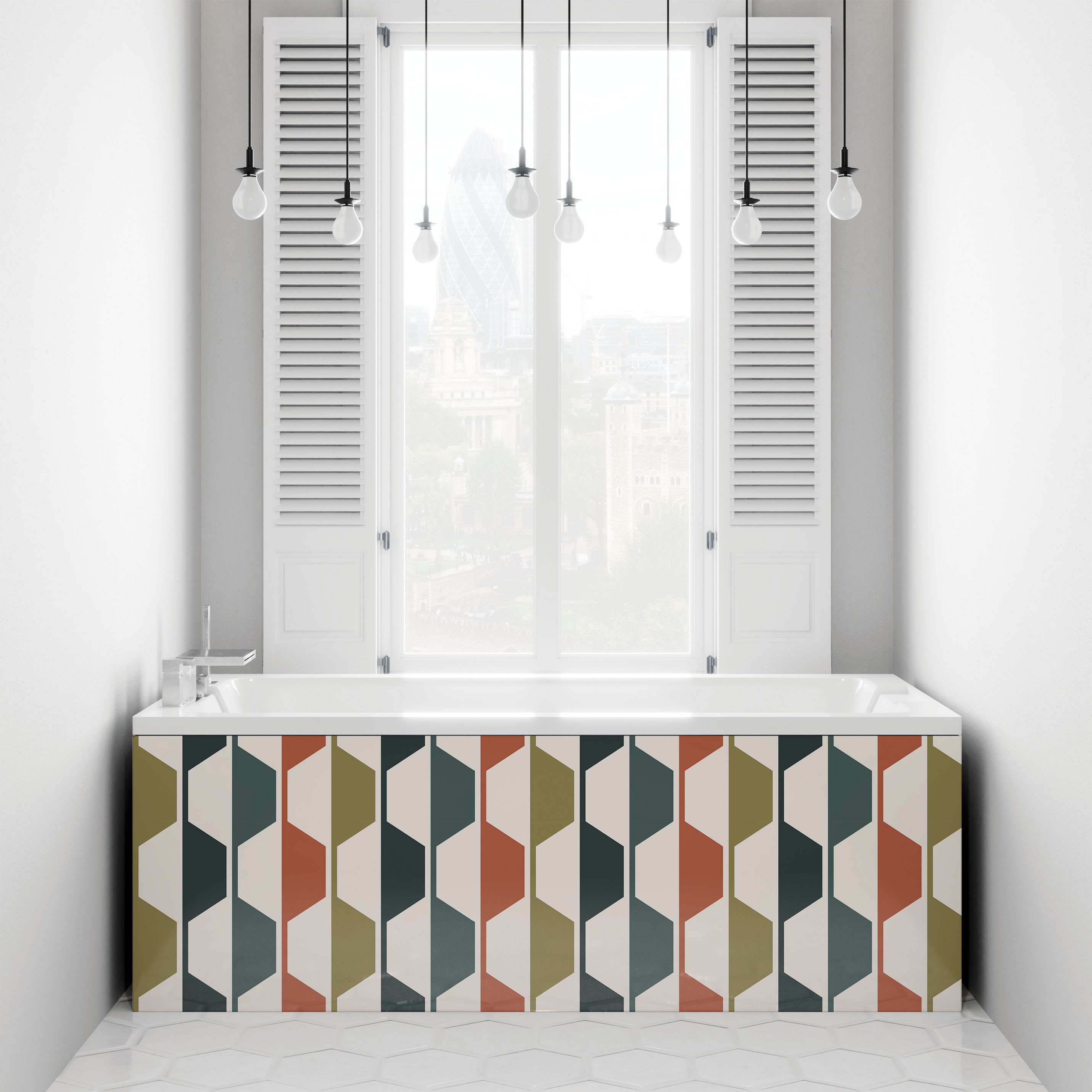 colourful geometric panelling in a white bathroom