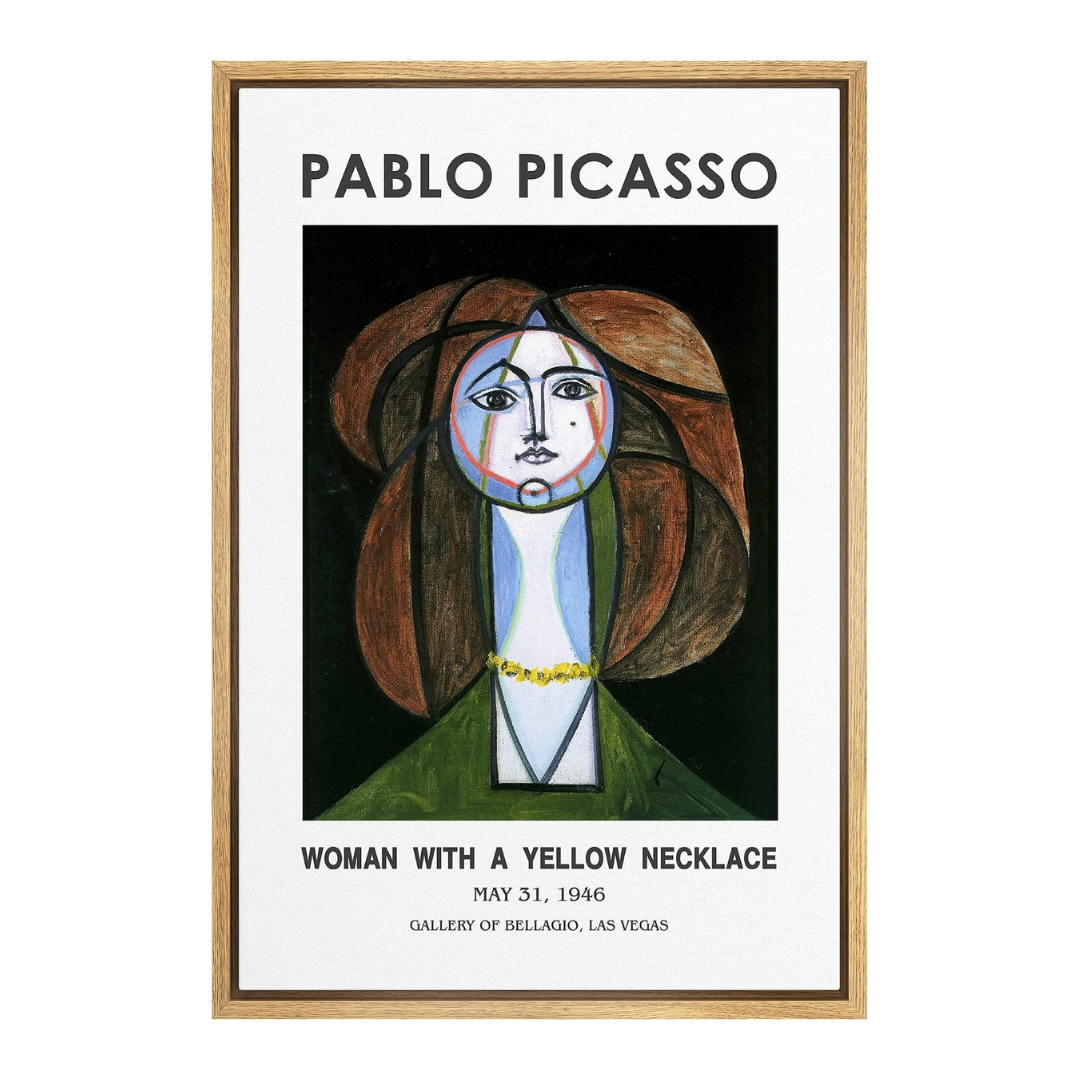 Idea4wall Framed Canvas Print Wall Art Woman With Yellow Necklace by Pablo Picasso Historic Cultural Illustrations Fine Art Traditional Colorful for Living Room, Bedroom, Office - 24"x36" Natural