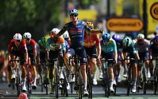 Tim Merlier of Belgium and Team Soudal Quick-Step celebrates at finish line as stage winner during the 113th Tour de France 2026, Stage 7