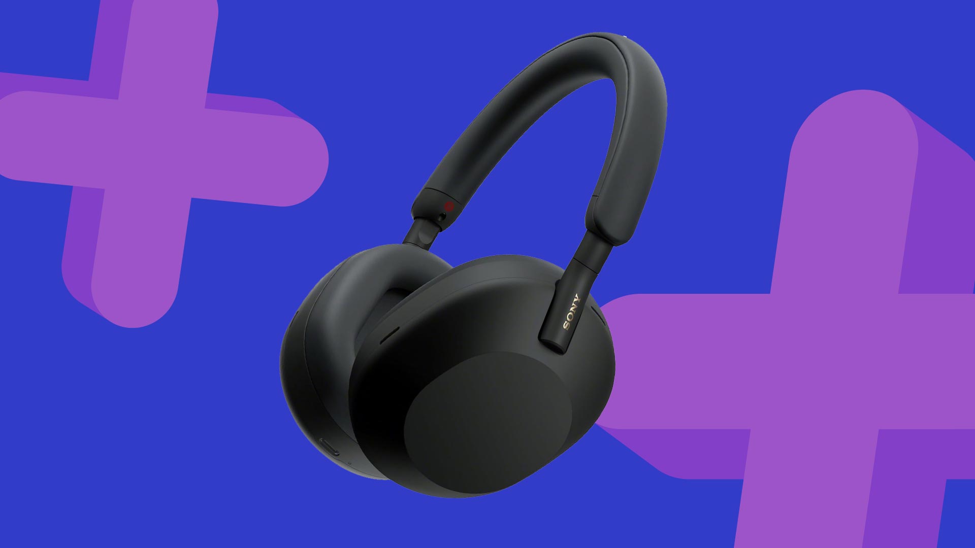 Sony WH-1000XM5 noise cancelling headphones in black on blue background