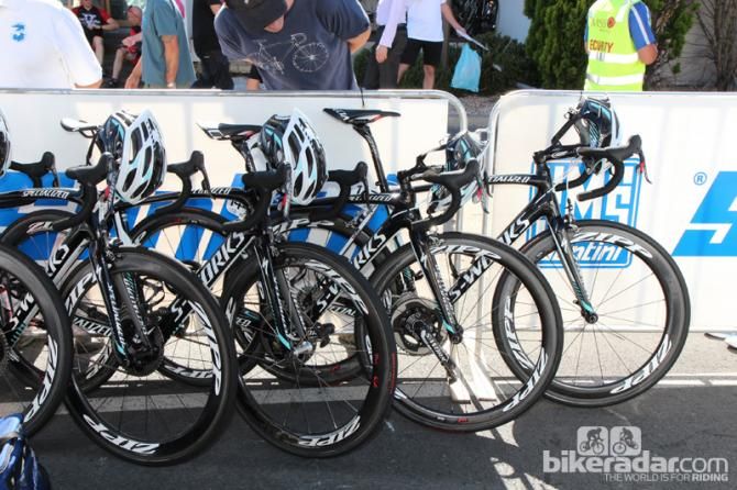 Omega Pharma-QuickStep's Specialized S-Works Tarmac SL4 and Venge bikes hide in the shade before the start of stage 1 of the Tour Down Under.