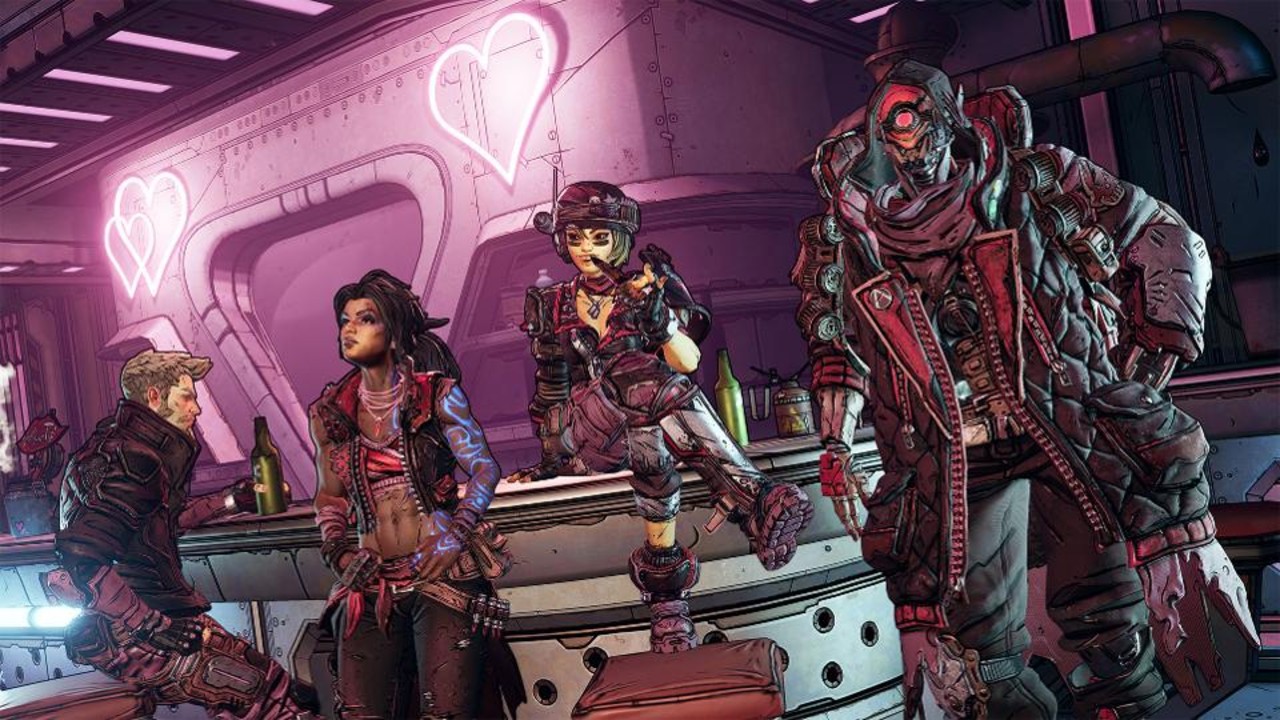 Four characters sitting around a bar with neon hearts on the wall in Borderlands 3