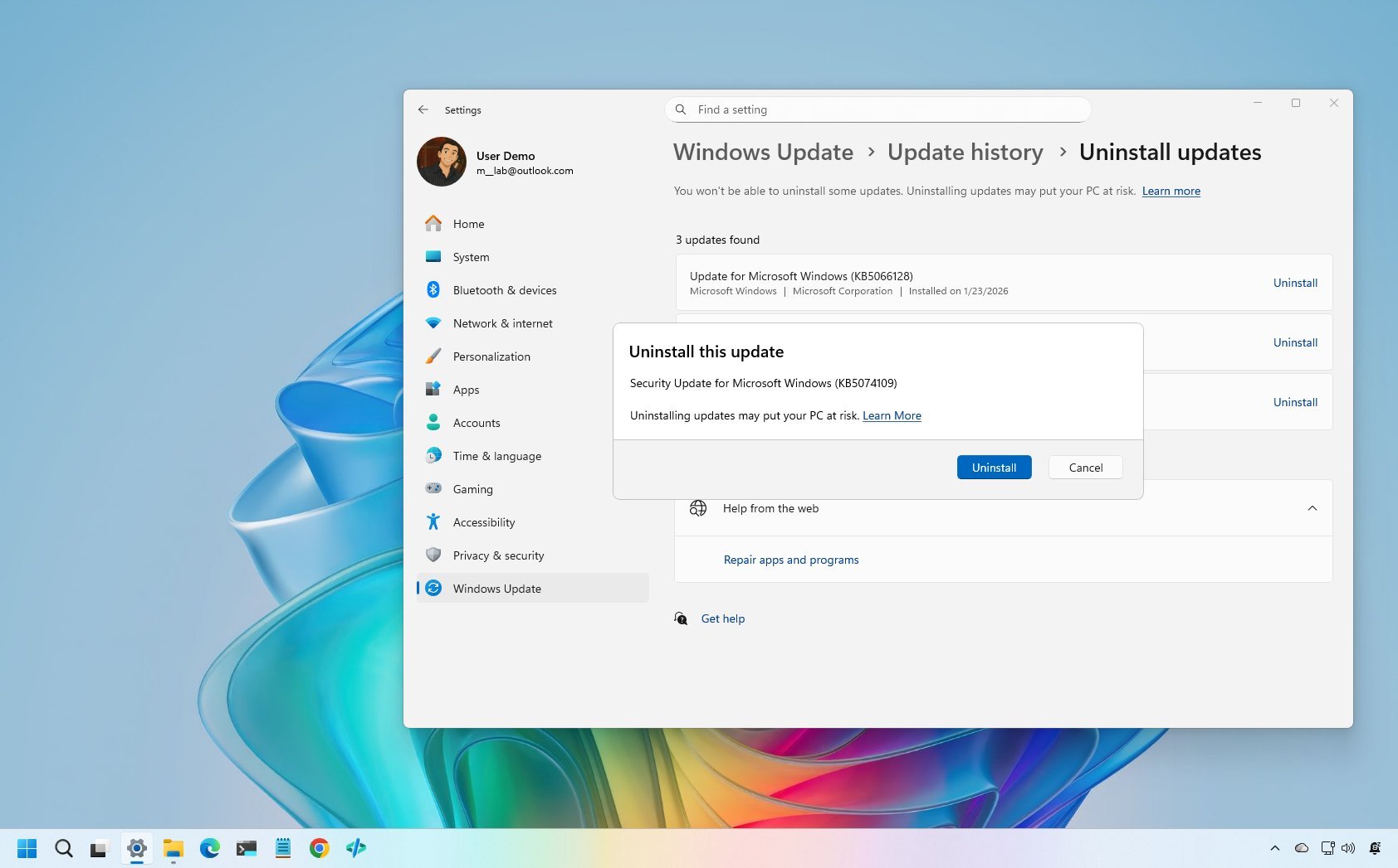 Windows Update uninstall option