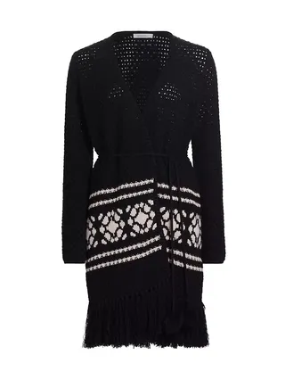 Orione Geometric Fringed Wool-Blend Longline Cardigan