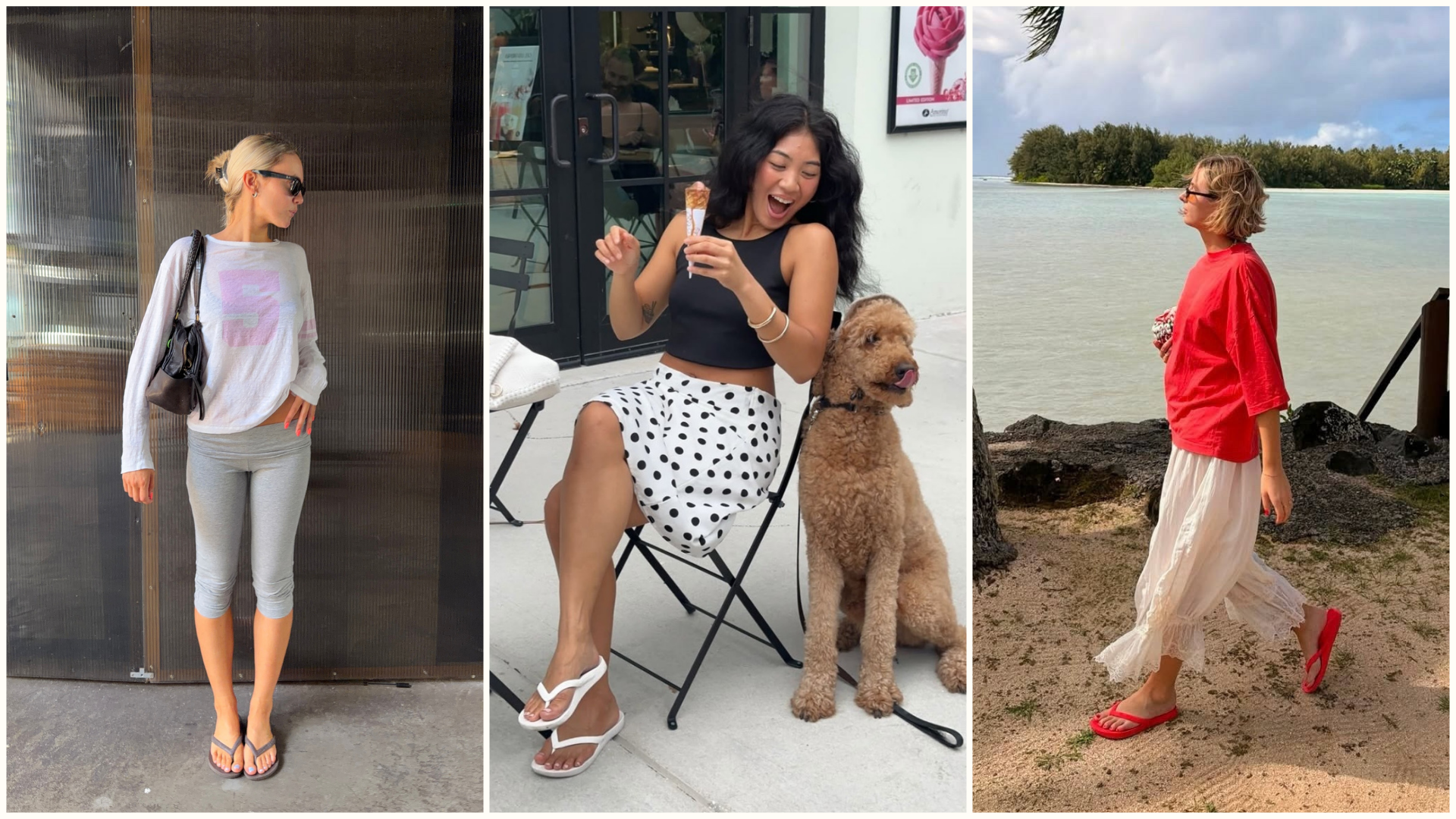 Three fashion people wear the Archies arch support flip flops. The wear colours brown, white and red.