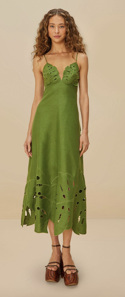 FARM RIO ACTIVE, Green Monstera Embroidered Euroflax™ Premium Linen Midi Dress