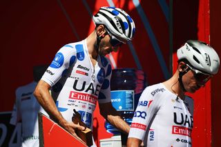 PONTEAREAS SPAIN AUGUST 27 Adam Yates of The United Kingdom and UAE Team Emirates Polka dot Mountain Jersey prior to the La Vuelta 79th Tour of Spain 2024 Stage 10 a 160km stage from Ponteareas to Baiona UCIWT on August 27 2024 in Ponteareas Spain Photo by Dario BelingheriGetty Images